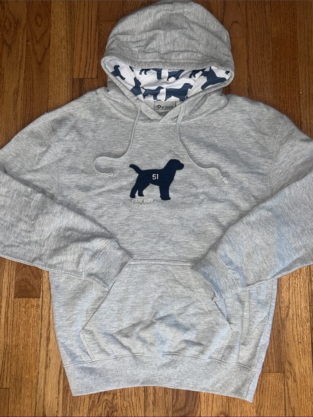 Gray Hoodie with Navy Dog Silhouette - Cape May "51" size small